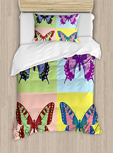 Ambesonne Butterfly Duvet Cover Set, Pop Art Swallowtail Pavilions Wild Life Transcendent Energies of Colorful Wings, Decorative 3 Piece Bedding Set with 2 Pillow Shams, Twin Size, Multicolor