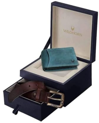 WildHorn Geschenkkorb für Herren I Ledergeldbörse und Gürtel Combo Geschenkset I Geschenk für Freund, Ehemann, Vater, Sohn usw, Blau, standard, Zeitgenössisch
