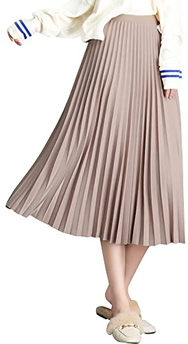 Camilife Damen Mädchen Plisseerock Midirock Damenrock in Mittlere Länge Silberfaser-Stricktuch Faltenrock Elastischer Bund für Frühling Herbst Rocklänge 75cm - Einfarbig