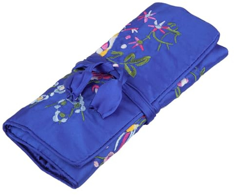 KYEYGWO Chinese Embroidery Travel Jewellery Roll, Blue | Embroidered Flower and Bird, Tie Close, Multi Zipper Compartments, Portable Jewellery Bag, Necklace Ring Bracelet Storage