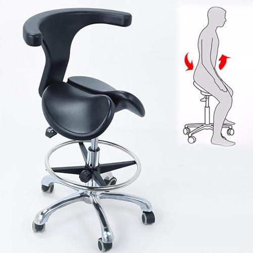 TUJOBA Sattelhocker Küchentheke Sattelschwenkhocker, Split -Sitzstil Rollender Ergonomischer Stuhl mit Fußstütze, Schwarz Verstellbare Höhe Apotheke/Bar/Tattoo Sitz (Size : 55-75cm (21 5/8-29 1/2))