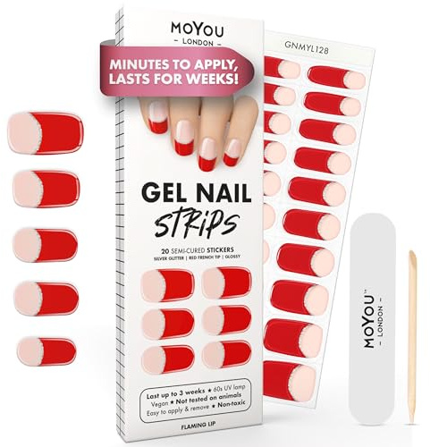 MOYOU LONDON Halbgehärtete UV Gel Strips - 20 Stück - Gel-Nagelfolien UV Härtend für Maniküre in Salonqualität - Flaming Lip