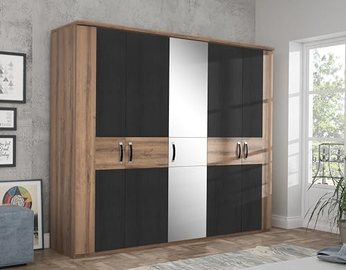 FORTE Dolce Schrank 250, Kleiderschrank mit Spiegel, Drehtürenschrank groß Industrial, 5-türig, Dunkel Holzdekor: Schwarz Eiche/Schlammeiche, 250 cm breit x 213.6 cm hoch x 62 cm tief