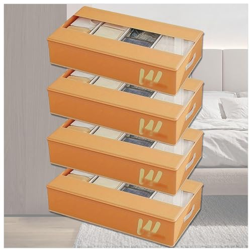 RYJYQYX Unterbettbox Faltbar mit 5 Verstellbaren Trennwänden, Unterbettbox mit transparenter Deckel, Unterbettkommoden Unterbett-Organizer Für Kinder Und Erwachsene,Orange-4Pcs