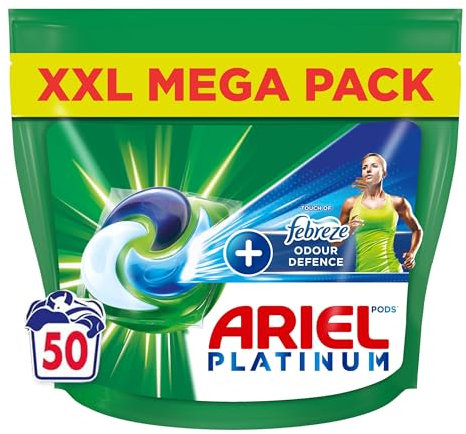 Ariel Platinum Washing Pods + Febreze Odour Defence All in 1 Pods, Mega Pack, 50 Wash