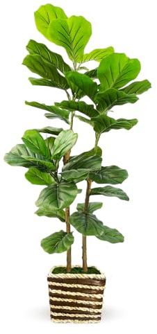 Higuera artificial de hoja de violín de 40 pulgadas para interiores con cesta tejida, árbol falso de 4 pies de alto con tronco de madera real, plantas artificiales para salas de estar, oficinas