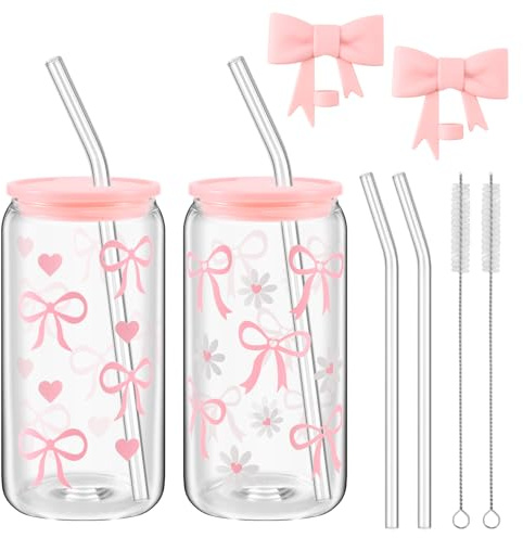 NISHZHU Iced Coffee Cup Bow Glass Mug 16 oz with Lid and Straw, Elegant Gift for, Decorative Bow Design, Versatile Drinking Glass