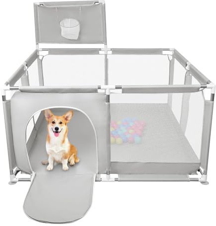 Parc à Chiots avec Porte, Parc pour Chiots Ou Petits Chiens, Clôture Solide en Tissu épais Et Filet en Nylon Haute Résistance, Lavable en Machine, Intérieur/extérieur-126 * 126 * 66cm-Gris Clair