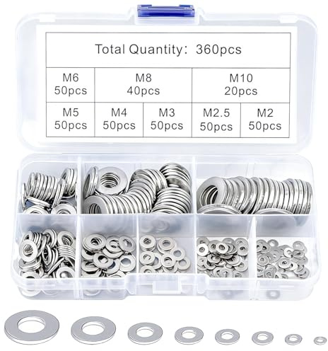 Koprek 360 Pcs Stainless Steel Flat Washers Set, Washers for Screws, Flat Washers M2 M2.5 M3 M4 M5 M6 M8 M10 with Assortment Box, Used in Various Mechanical Parts, Automotive Repair, Bolts, Screws