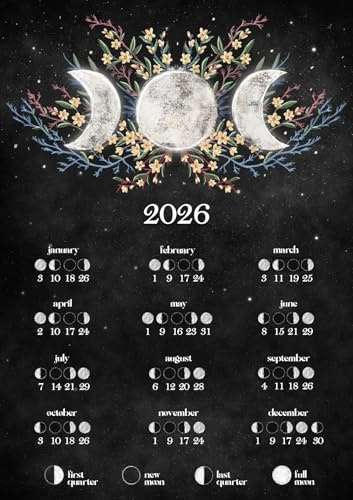 2026 Moon Phase Poster, Lunar Calendar Wall Art (14 * 11 inch), Moon Phases Chart for New & Full Moons, Celestial & Astrology Decor, Thick 350g Premium Paper