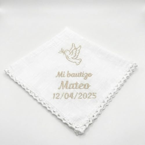 Pañuelo Bautizo Personalizado Bordado con Nombre y Fecha – Paño Bautismo de Lino y Algodón Natural – Pañuelo Bautizo Niño Niña – Regalo Bautizo Personalizado (Beige Natural)
