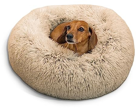 Best Friends by Sheri The Original Calming Donut Dog Bed – Washable Plush Pet Bed for Cats & Small Dogs up to 25 lbs, Shag Faux Fur, Taupe, Small (23 x 23)