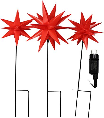Gartenpirat Weihnachtsbeleuchtung außen LED Figuren Sterne – LED-Lichterkette mit 3 Gartenstab Sternen – Spart Energie – 54 cm hoch – 3er Set – Rot