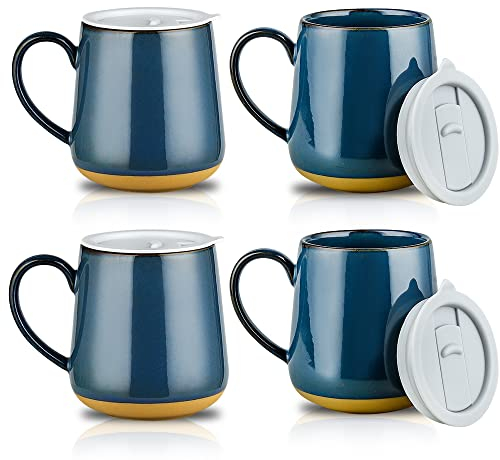 HVH Farmhouse Style Ceramic Mug Set of 4, 17oz with Lid, Large Handle, for Coffee, Tea & More (Blue)