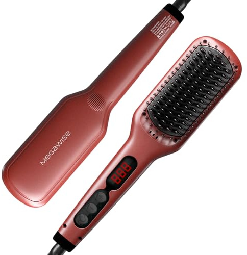 Brosse lissante MegaWise KL1025 - Chauffage rapide, anti-brûlure, température réglable et arrêt automatique - Idéal pour tous les types de cheveux (rouge tomate)