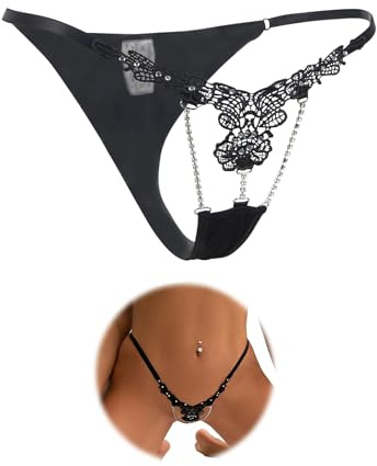 ohmydear Floral G String Thongs for Women Sexy Shiny Rhinestones Micro Thong Underwear Lingerie Plus Size Panties Low Rise Tanga Briefs Ladies Knickers Black UK 10