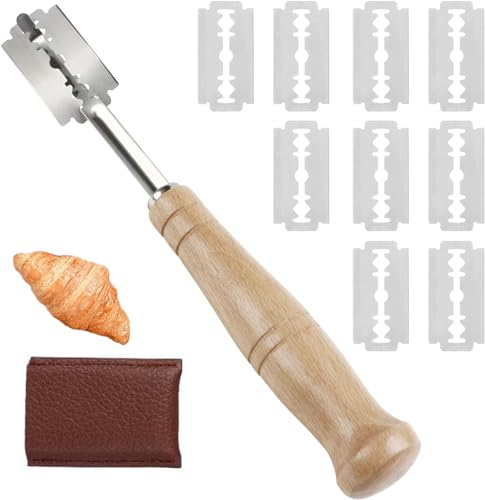 Bäckermesser,Teig Rasiermesser,Brot Schneide Werkzeug, Langer Griffstock Baguettemesser für Brots Ritzmesser, mit 10 Klingen und Schutzhülle aus Leder