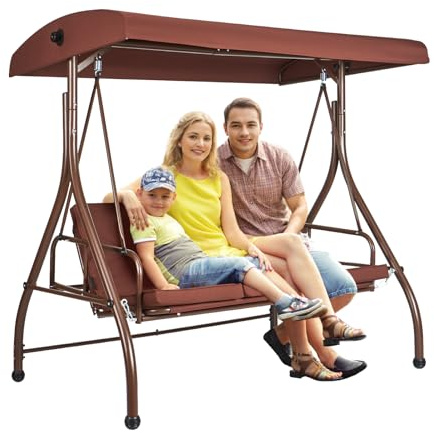 VEVOR Altalena da Giardino a 3 Posti, Altalena Convertibile con Tettuccio Regolabile Veranda Esterna, Telaio in Acciaio Legato, per Balcone, Giardino, Bordo Piscina, Marrone