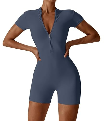 Litthing Mono Deportivo Mujer Corto Ropa Deportiva con Cremallera Elásticos Mangas Cortas Jumpsuit Sexy Ajustado Bodysuit Una Pieza Push Up Fitness Body Overol