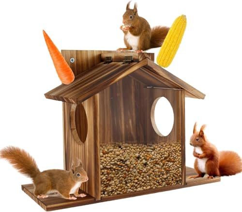KTCINA Mangeoire à écureuils avec toit flexible, mangeoire en bois pour écureuils et mangeoires, station d'alimentation extérieure de grande capacité, maison d'écureuil, décoration de jardin pour