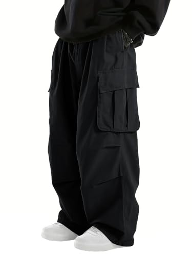 WZIKAI Pantalones Cargo Holgados para Hombre, Cintura elástica, cordón de Ajuste, Pantalones Cargo de paracaídas, Pantalones Casuales para Senderismo, con Bolsillos, Negro -, X-Large