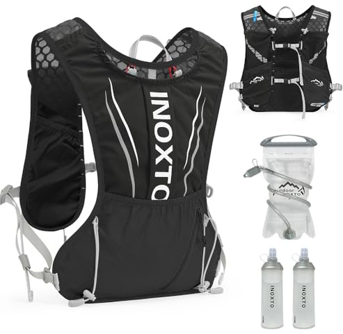 INOXTO Water Sac Vest, Sac à Dos de Course léger 1,5 L Sac à Eau De，Sangle à Poitrine RéGlable, Adapté Au Marathon, à La Randonnée,Alpinisme Hommes (Noir Sac à Eau de 1,5 L, Règles)