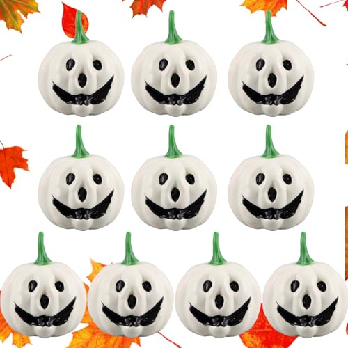 Hillylolly Mini pumpor dekoration, små plastpumpor med ansikte, mini pumpa dekoration ätbar plast, halloween matbord, höstdekoration, för tacksägelsefest (10, vit, S)