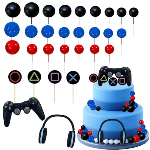 Qwrqwr Video Game Cake Topper Headset Ball Decorations for Birthday Baby Shower Party (Gaming Black)