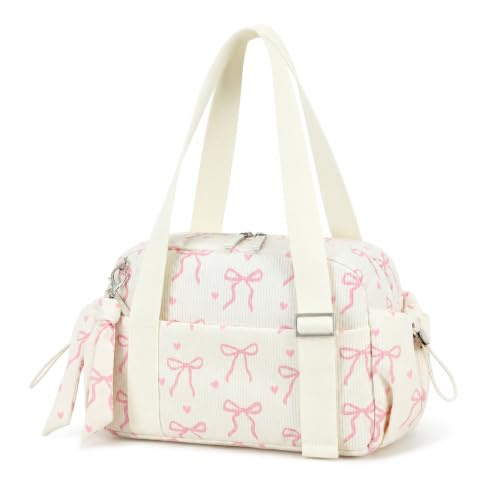 LOIDOU Small Gym Bag for Women, Mini Corduroy Sports Duffel Bag with Wet Compartment, Pink Bow Pattern, Cute Workout Yoga Dance Tote (Pink Bow-Beige)