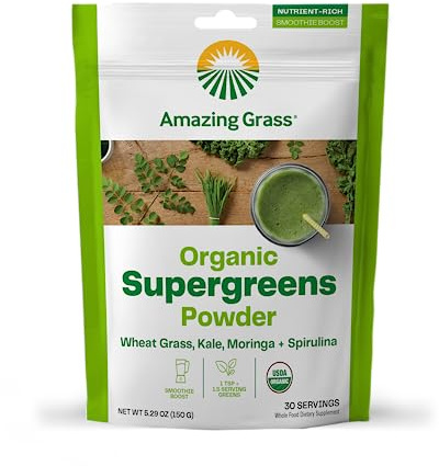 Amazing Grass Super Greens Booster: Greens Powder Smoothie Mix with Spirulina, Moringa, Wheat Grass & Kale Smoothie Booster, Chlorophyll Providing Greens, 30 Servings
