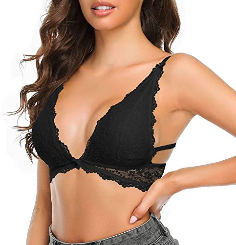 SHEKINI Damen Spitzen BH ohne Bügel Abnehmbare Pads Triangle-BH Atmungsaktiv und Bequem Bralette Spitze Bustier Gepolstert BH Rückenfrei Sexy Unterwäsche(Schwarz-1,M)