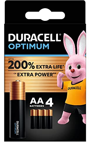 DURACELL Optimum AA Batteries (4 Pack) – Alkaline Batteries 1.5V – 200% More Power Boost Actives – Meets Demands Of Modern Devices – 100% Recyclable, 0% Plastic Packaging – MX1500