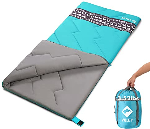 VILLEY Camping Sleeping Bag, Lightweight Backpacking Sleeping Bag with Carrying Bag for Adults & Kids, Outdoor Camping Hiking Equipment for 3 Season Warm & Cool Weather - Summer, Spring, Fall (Blue)
