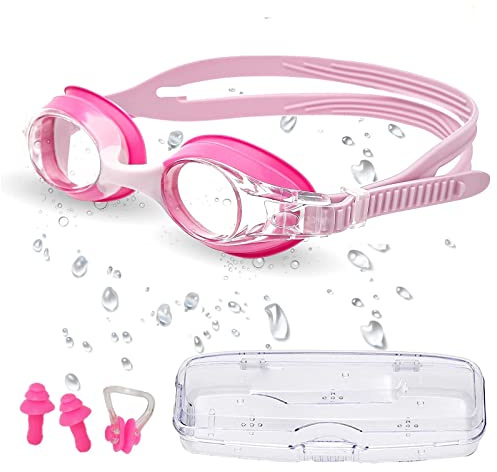 CYCFMYYLY Kids Swimming Goggles, Goggles 6-14, Anti-Fog No Leak Proof Uv Resist Girls Boys Food Grade Silicone Comfort with Nose Clip(Age 3-14) Pink