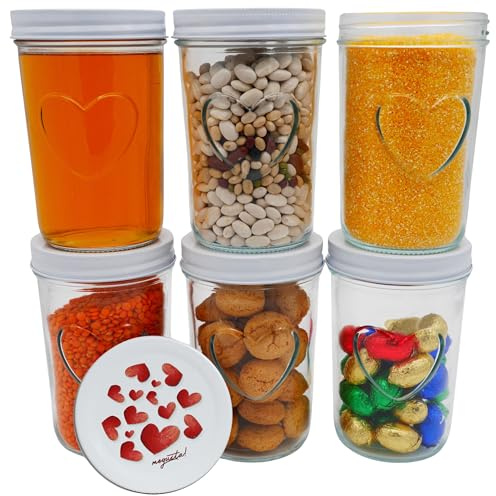 megusta!® 6 konserveringsburkar med hjärta i glas | 500 ml | lock hjärtdesign | syltburkar gurkburkar förvaringsburkar meal prep | fermentering bakning frysning