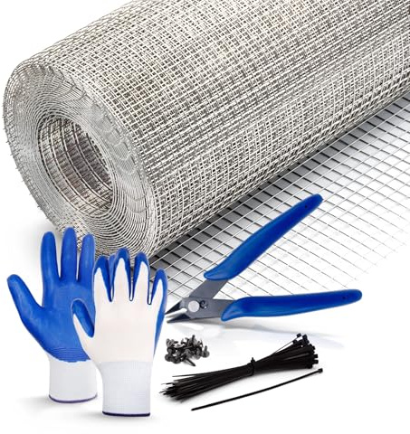 sarkman Chicken Wire Mesh Roll - Stainless Steel Wire Fencing Mesh Roll for Vents, Air Brick, Windows & Door - Garden Netting Mesh with Wire Cutter, Gloves, Screws & Cable Ties | 6m x 8.5cm