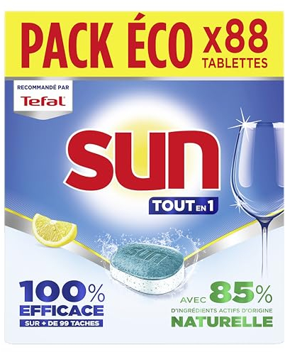 SUN - pastilles lave-vaisselle Tout en 1 Citron - 88 tablettes - avec 85% d'ingrédients d'origine naturelle - 100% efficace sur + de 99 taches - Fabriqué en France