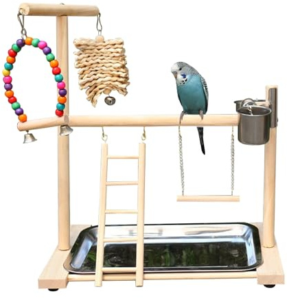 Symphonyw Bird Stand, Natural Wood, Parrot Playground with Removable Tray & 2 Stainless Steel Feeder Cups, Suitable for Parakeet, Conure, Cockatiel, Lovebird, Canary, Lorikeet & African Grey