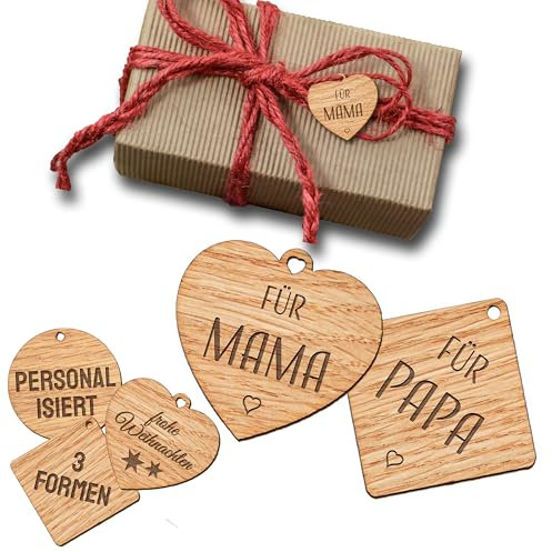 2 Stk personalisierte Geschenkanhänger aus Holz mit Gravur - edle Tags aus Echtholz für Geschenke Weihnachten-Geburtstag - Anhänger mit Name - HERZ