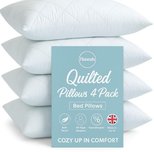 4-Pack Premium Quilted Pillows – Hotel-Style Comfort for Back, Side & Stomach Sleepers – Plush Hollowfibre Fill – Hypoallergenic & Machine Washable – Standard Size