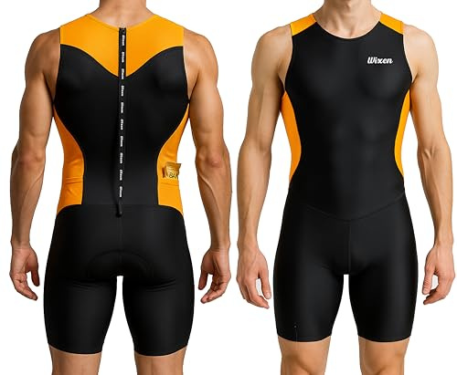Wixen Men's Performance Triathlon Suit Sleeveless Tri Suit Padded Quick Dry Run Swim (Orange m)
