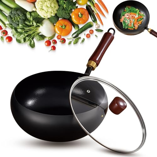 Iron Pot, Handmade Hammered Large Belly Pot, Uncoated Thick IronPot with Lid for Cooking, Stewing (Hammer-Glass Cover,11.81 in / 30cm)