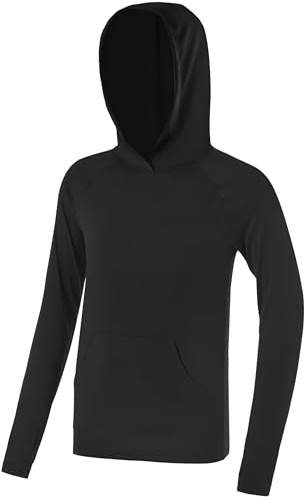 RIKUAOU Boys Rash Guard Long Sleeve Sun Protection Hoodie Shirts, Youth UPF 50+ Swim Fishing Water Hooded Shirt with Pocket Black