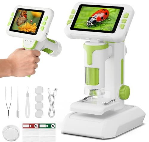 HEWEIMEI 1600X Microscope Enfant, 4,0 Écran Microscope Numérique avec Kit de Lames, Prise de Photos et Vidéos, Jouets Sciences Éducatives, Cadeaux de Noël pour Enfants Élèves de 3 à 12 Ans (Vert)