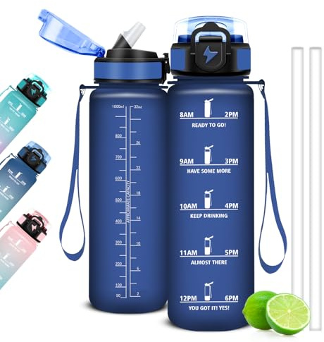 Mujigaga 1 liter vattenflaska, sportflaska med sugrör och tider för att dricka, 1L motiverande gymflaska, läckagesäkra flaskor för gym, skola, yoga