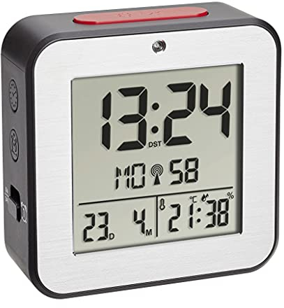 TFA Dostmann Digitaler Funkwecker, 60.2547.54, mit 2 Weckalarme, Funkuhr mit Raumklima, Aluminiumfront, schwarz (L) 82 x (B) 33 x (H) 82 mm