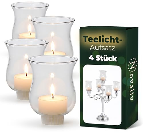 4 Stück Novaliv Teelichtaufsatz klar 8 cm Glasaufsatz für Kerzenleuchter Kerzenständer Glas Adventskranz Teelichthalter Stabkerzenhalter Kerzenpick