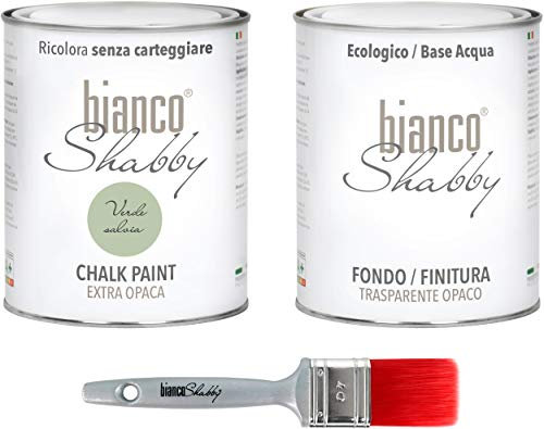 CHALK PAINT Verde Salvia & FINITURA + PENNELLO - Pittura Shabby Chic EXTRA OPACA (1 Litro) + Finitura Trasparente Opaco (1 Litro) + 1 Pennello Pro 40 mm
