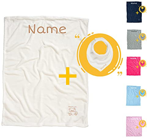Stickling Set Babydecke + Baby Halstuch Bandana personalisiert mit Namen | Name | kuschelig weich | 6 Farben | Geschenkidee (Weiß)