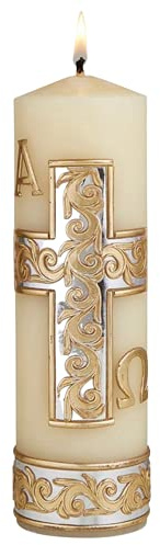 Needzo Tree of Life Alpha and Omega Pillar Candle for Christening, Holy Week, and Baptisms, Hand Decorated Catholic Candles Altar Decor for Church, 8 Inches